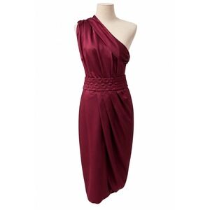 BOSS Hugo Boss Davenna1 One Shoulder Burgundy Satin Draped Belted Midi Dress 6